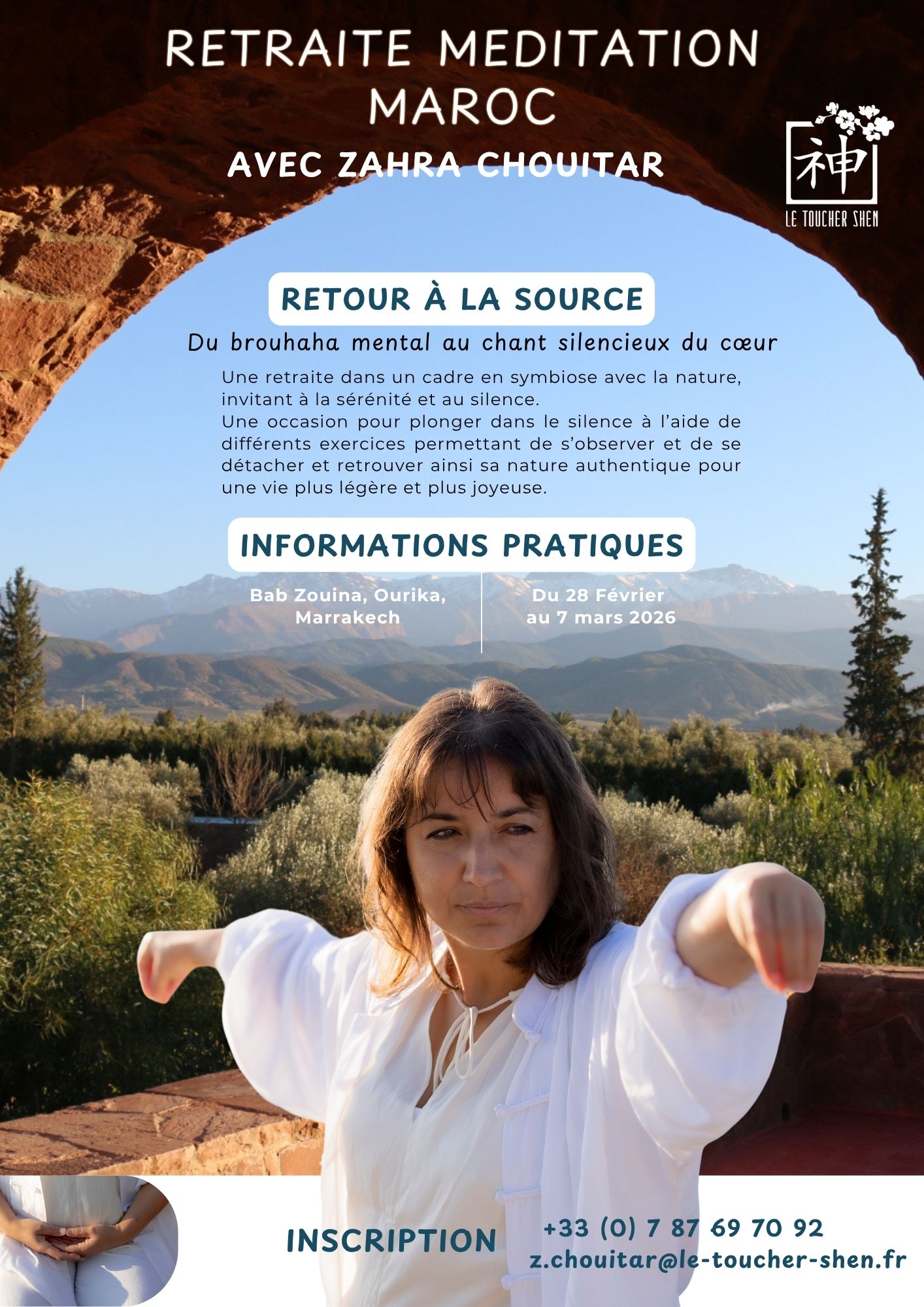 Je vous propose une retraite de méditation dans un cadre en symbiose avec la nature, invitant à la sérénité et au silence : un lieu idyllique pour se ressourcer et revenir à soi.

Je vous proposerai plusieurs exercices quelques heures par jour :
🌼 Qi Gong
🌼 Respiration
🌼 Auto-observation
🌼 Présence à soi
🌼 Contemplation

Des indications pour mettre en pratique une véritable méditation qui nous permet de nous déposer et de laisser émerger ce qui est à voir et à laisser aller.

Vous aurez aussi du temps libre pour profiter des nombreuses activités offertes par Bab Zouina ou simplement vous prélasser au bord de la piscine ou sur un des multiples bancs à l'ombre d'une végétation luxuriante et amicale.

