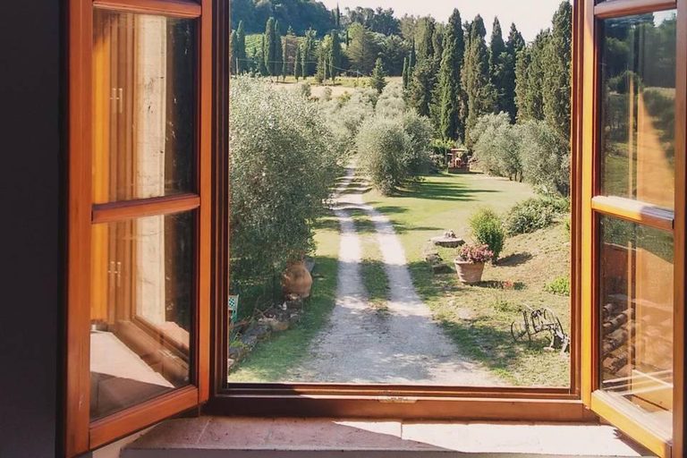 Une fenêtre ouverte sur un jardin et un chemin bordé d’arbres