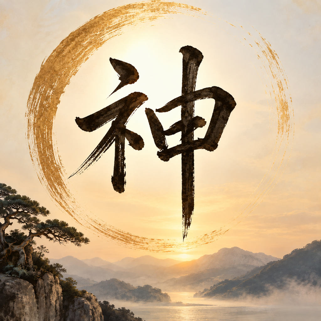 Le caractère chinois Shen tracé à l'encre noire dans un cercle doré, au-dessus d'un paysage de montagnes et d'eau