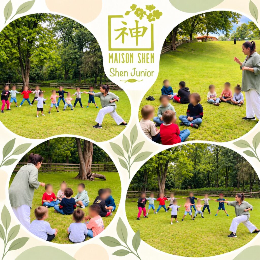 Zahra Chouitar en atelier Shen Junior avec un groupe d’enfants, en plein air